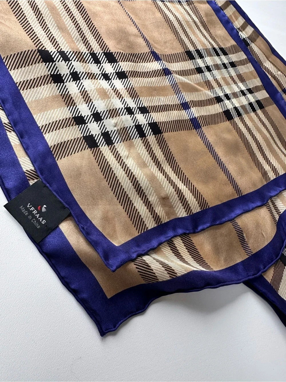 V. FRAAS 100% Silk Beige Plaid Scarf with Navy Satin Border